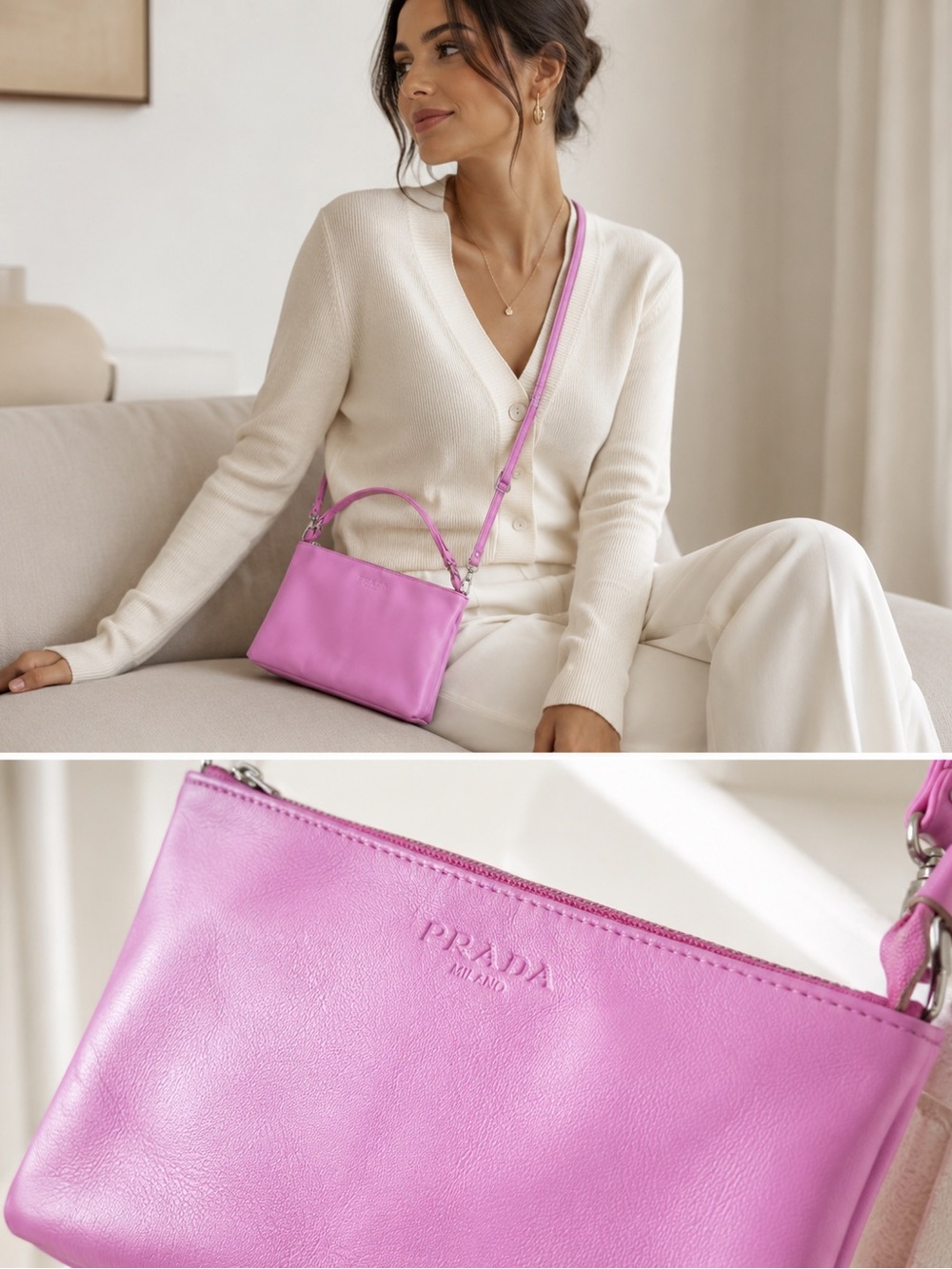 Pink Crossbody Shoulder Bag Convertible Double Zip Detachable Straps Y2K